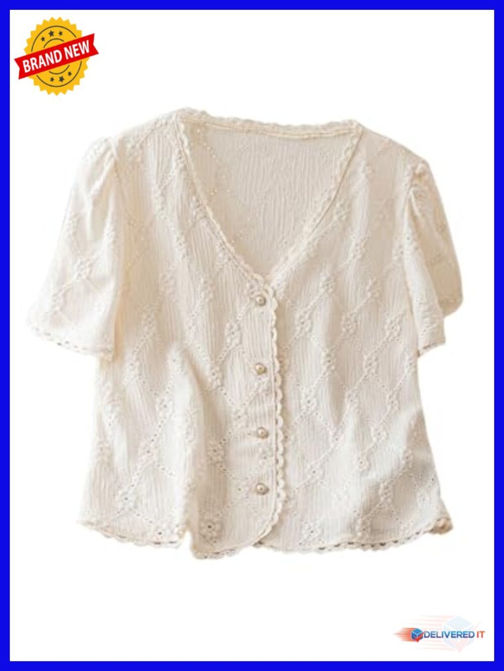 Puff Sleeve Floral Embroidered Blouse Frill Trim V-Neck